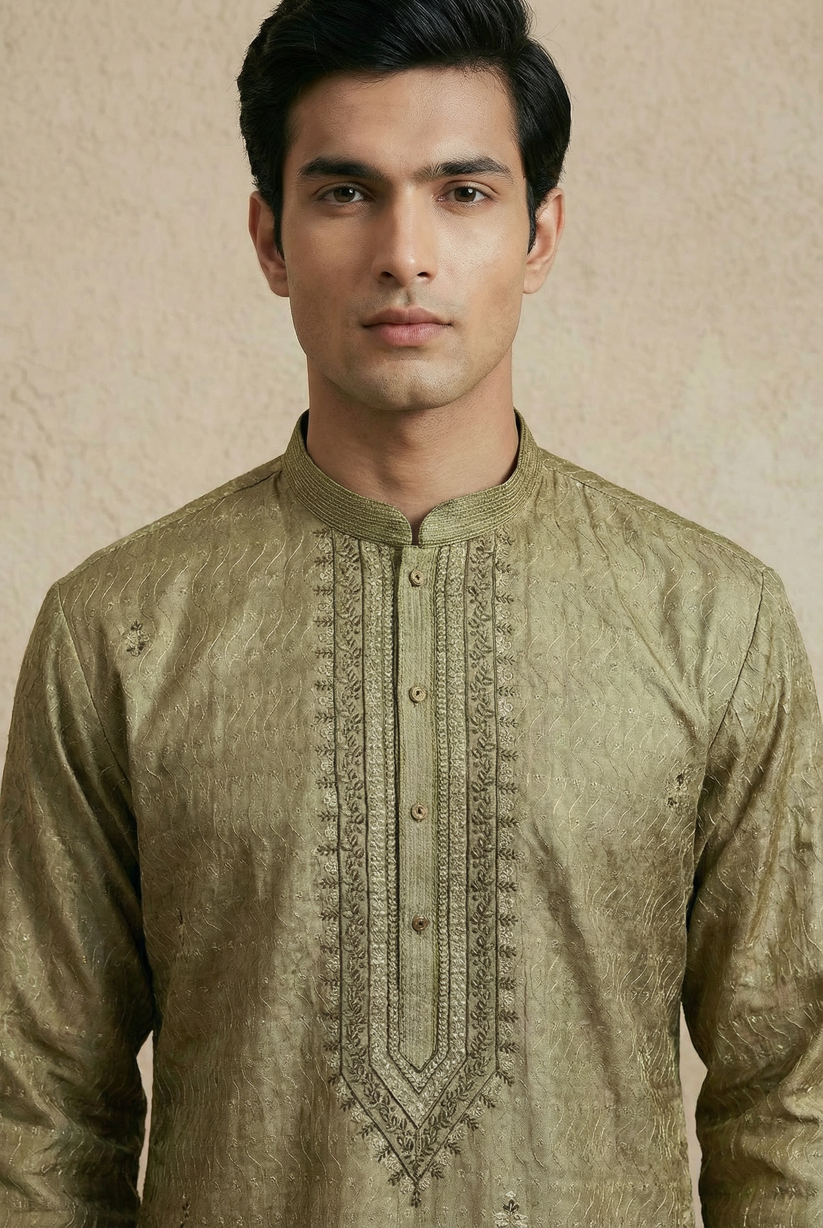 Textured Silk Blend Kurta with Neck Work Set