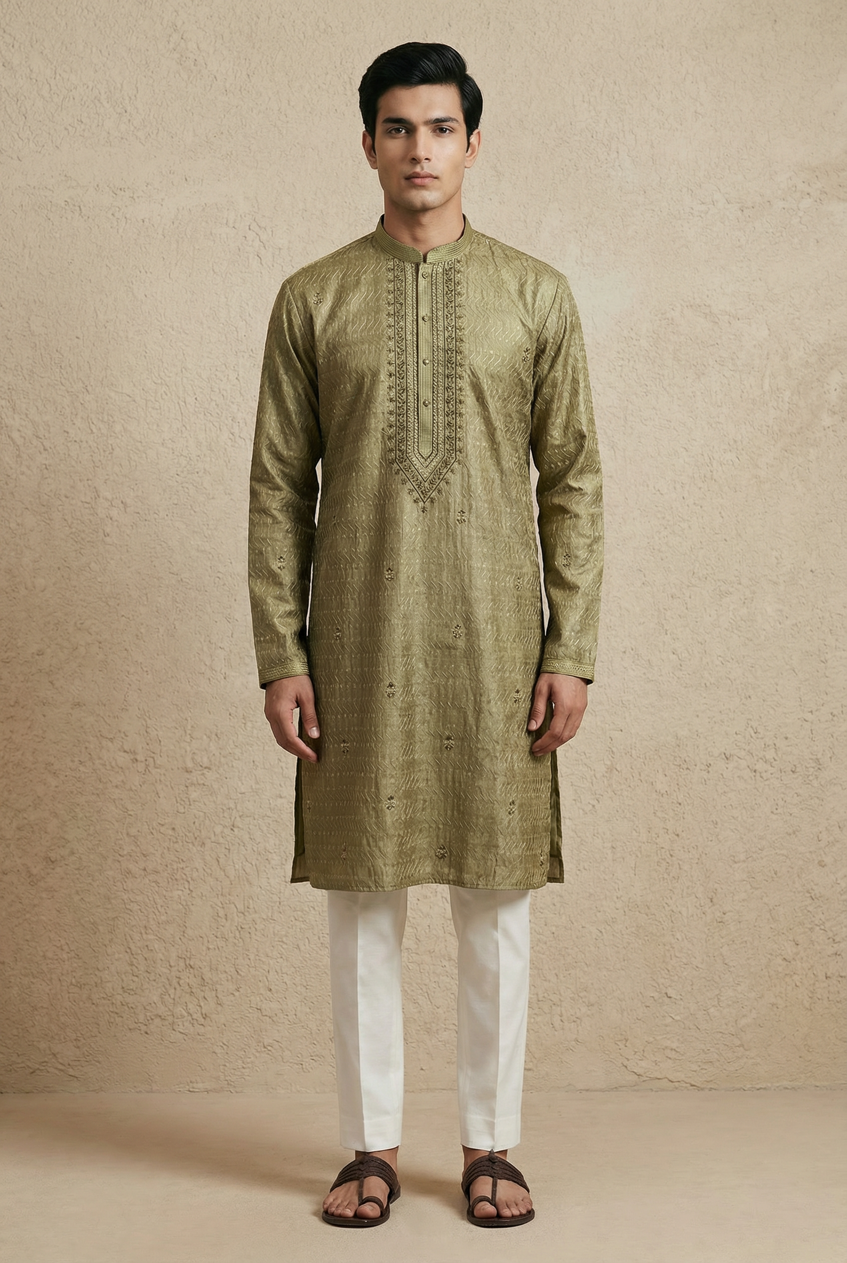 Textured Silk Blend Kurta with Neck Work Set