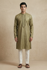 Textured Silk Blend Kurta with Neck Work Set